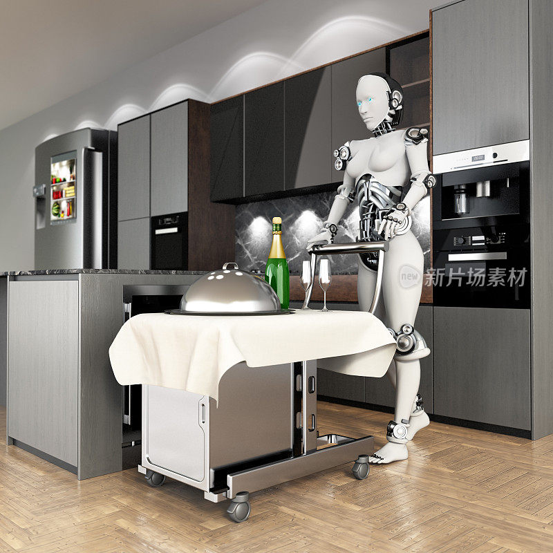 女性人形机器人在厨房里工作，端餐。概念3D cgi高科技机器人做家务